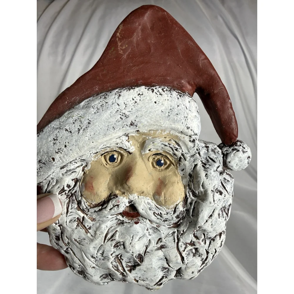 Handmade & Signed Distressed Santa Claus Head Ceramic Figure 6.5” Tall Christmas